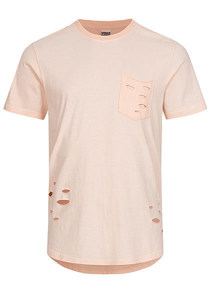 Urban Classics Herren T-Shirt im Destroyed Used Look mit Brusttasche hell rosa