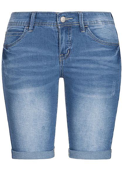 Hailys Damen Bermuda Jeans Shorts 5-Pockets leichter Crash Look medium blau denim