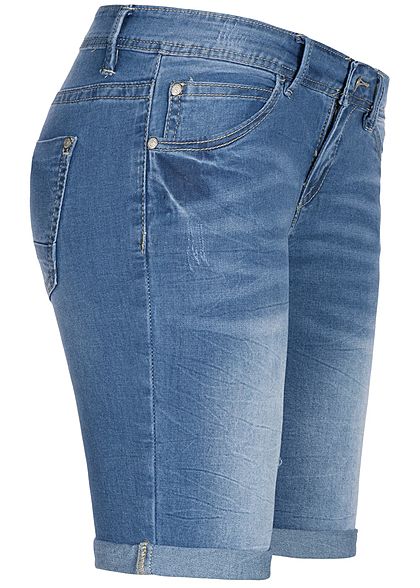 Hailys Damen Bermuda Jeans Shorts 5-Pockets leichter Crash Look medium blau denim