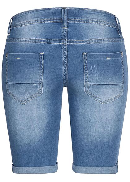 Hailys Damen Bermuda Jeans Shorts 5-Pockets leichter Crash Look medium blau denim