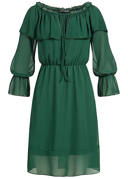 Styleboom Fashion Damen Off-Shoulder Chiffon Puffer Kleid Volantärmel dunkel grün