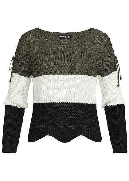 Styleboom Fashion Damen Strickpullover Colorblock Schnüre am Ärmel khaki