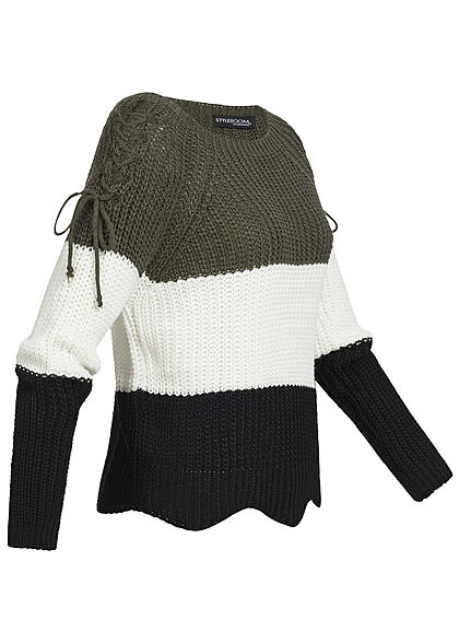 Styleboom Fashion Damen Strickpullover Colorblock Schnüre am Ärmel khaki