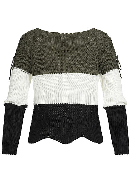 Styleboom Fashion Damen Strickpullover Colorblock Schnüre am Ärmel khaki