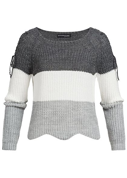 Styleboom Fashion Damen Strickpullover Colorblock Schnre am rmel dunkel grau