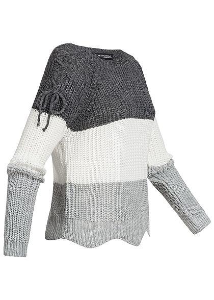Styleboom Fashion Damen Strickpullover Colorblock Schnüre am Ärmel dunkel grau