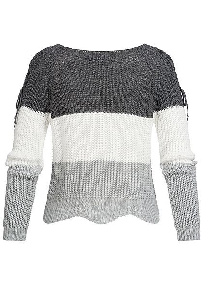 Styleboom Fashion Damen Strickpullover Colorblock Schnüre am Ärmel dunkel grau