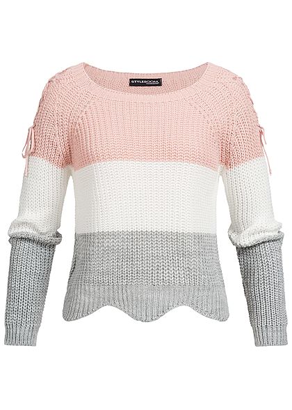 Styleboom Fashion Damen Strickpullover Colorblock Schnüre am Ärmel rosa