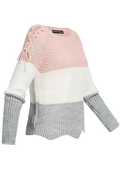 Styleboom Fashion Damen Strickpullover Colorblock Schnüre am Ärmel rosa