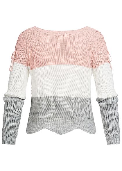 Styleboom Fashion Damen Strickpullover Colorblock Schnüre am Ärmel rosa