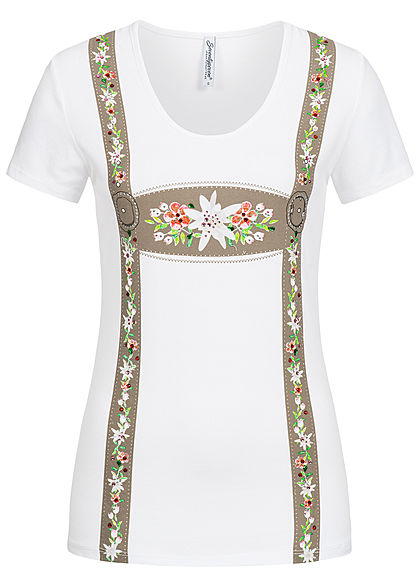 Seventyseven Lifestyle Damen T-Shirt Strasssteine Blumen weiss