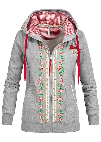 Seventyseven Lifestyle Damen Trachten Jacke Zip Hoodie Stickerei 2 Taschen hell grau