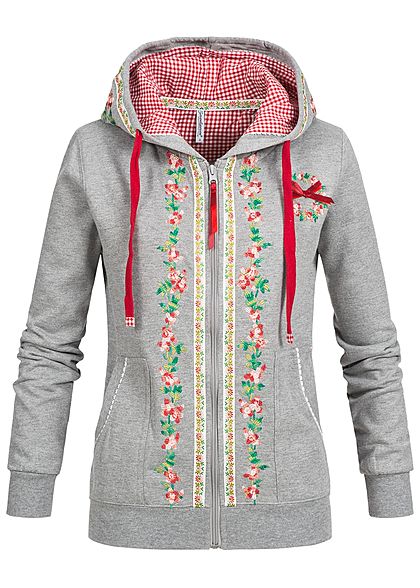 Seventyseven Lifestyle Damen Trachten Jacke Zip Hoodie Stickerei 2 Taschen hell grau