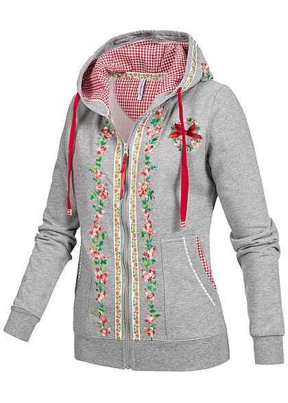 Seventyseven Lifestyle Damen Trachten Jacke Zip Hoodie Stickerei 2 Taschen hell grau