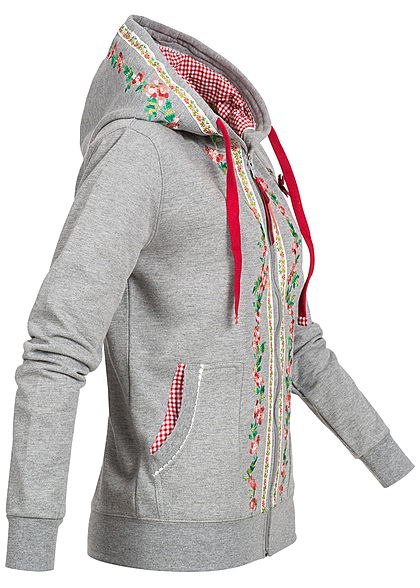 Seventyseven Lifestyle Damen Trachten Jacke Zip Hoodie Stickerei 2 Taschen hell grau