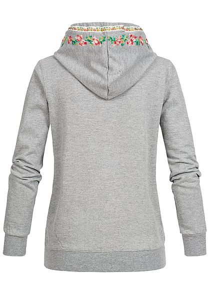 Seventyseven Lifestyle Damen Trachten Jacke Zip Hoodie Stickerei 2 Taschen hell grau