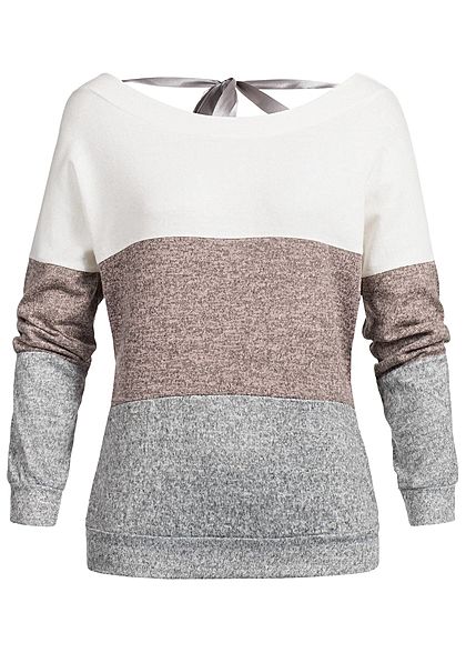 Styleboom Fashion Damen Colorblock Pullover Schleife hinten weiss rosa grau
