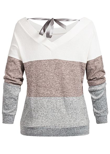 Styleboom Fashion Damen Colorblock Pullover Schleife hinten weiss rosa grau