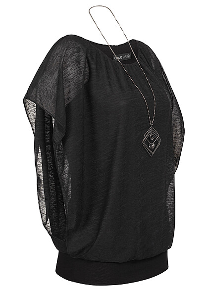 Cloud5ive Dames Top met vleermuismouwen en bijgeleverde ketting zwart