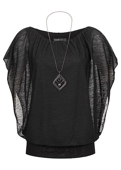 Cloud5ive Dames Top met vleermuismouwen en bijgeleverde ketting zwart