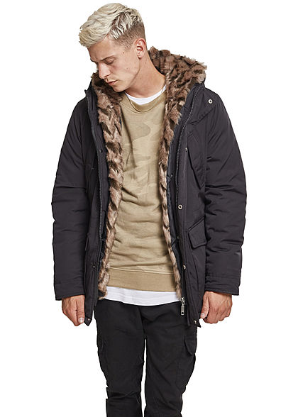 Urban Classics Herren Winter Jacke mit Kunstfellkapuze abnehmbar schwarz