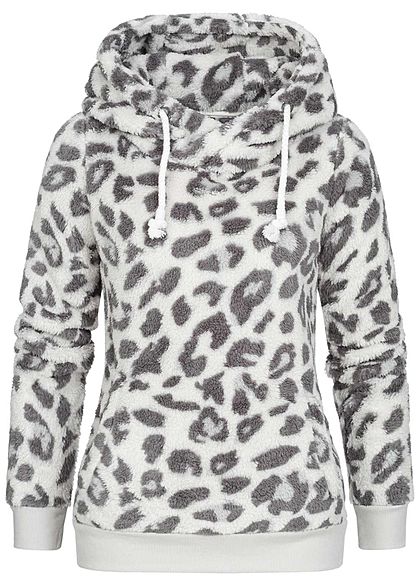 Sublevel Dames Fleece Hoodie met Kap leo print 2-pockets fog wit