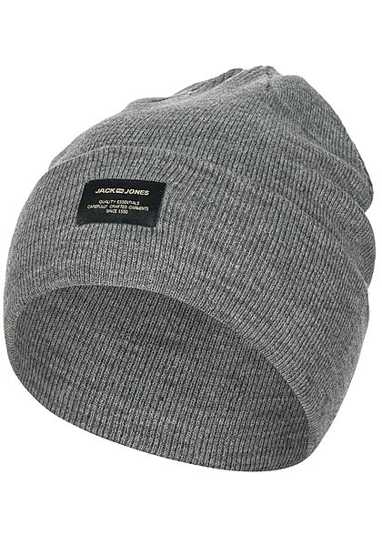 Jack and Jones Herren NOOS Basic Strick Beanie Frontpatch hell grau melange