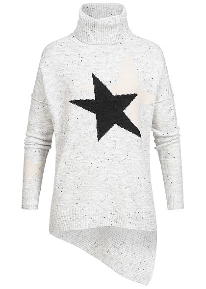 Seventyseven Lifestyle Damen Rollkragen Sweater Stern Print hell grau melange schwarz