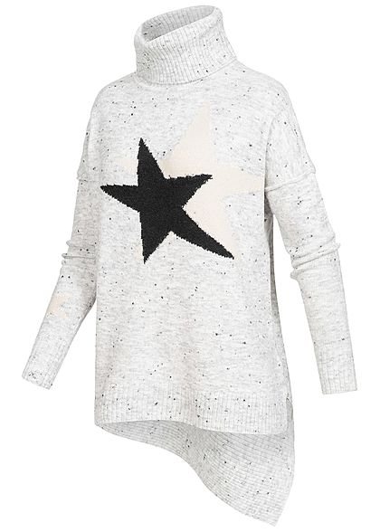 Seventyseven Lifestyle Damen Rollkragen Sweater Stern Print hell grau melange schwarz