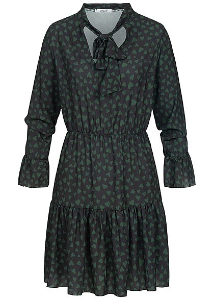 Hailys Damen Kleid Volantärmel Herz Muster Bindedetail schwarz grün