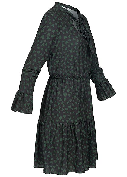 Hailys Damen Kleid Volantärmel Herz Muster Bindedetail schwarz grün