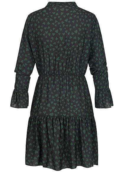Hailys Damen Kleid Volantärmel Herz Muster Bindedetail schwarz grün