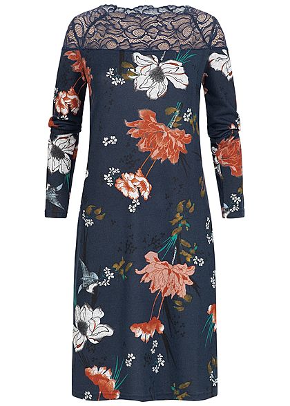 ONLY Damen Kleid Spitze oben Florales Muster night sky blau rot grün