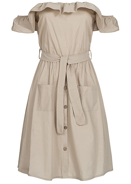 Styleboom Fashion Damen Off-Shoulder Button Dress beige