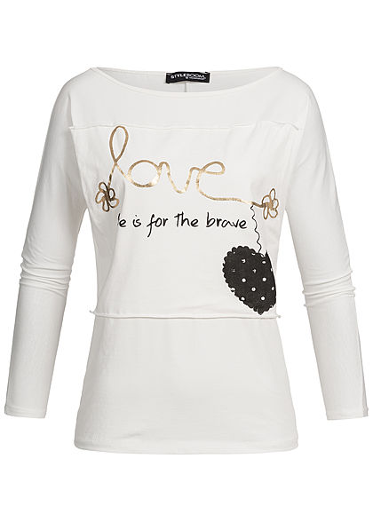 Styleboom Fashion Damen Longsleeve Love Print off weiss gold schwarz