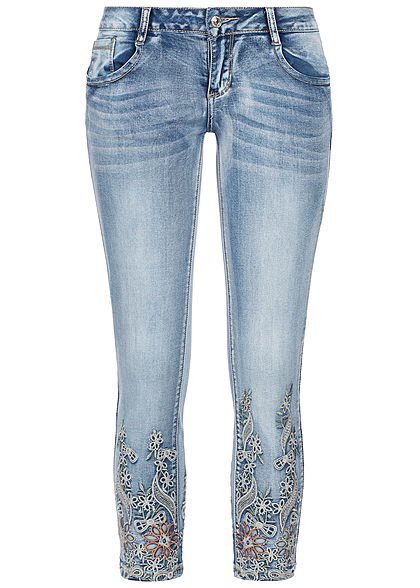 Seventyseven Lifestyle Damen Ankle Skinny Jeans 5-Pocktets Flower Patch hell blau denim - Art.-Nr.: 19027015