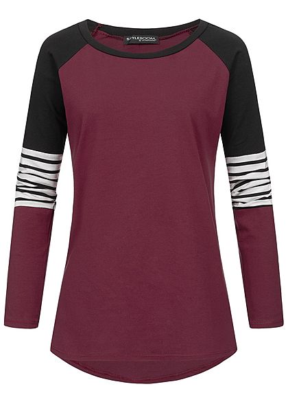 Styleboom Fashion Damen Colorblock Stripe Longsleeve bordeaux rot schwarz