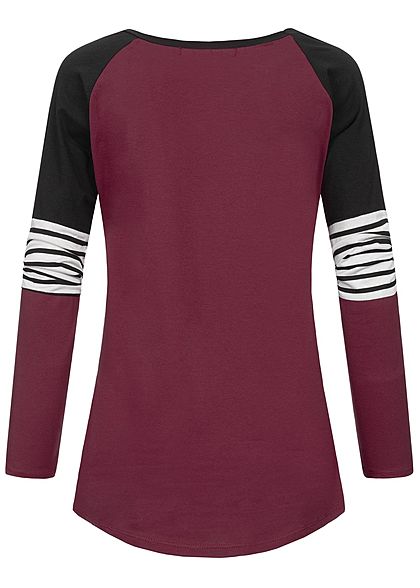 Styleboom Fashion Damen Colorblock Stripe Longsleeve bordeaux rot schwarz