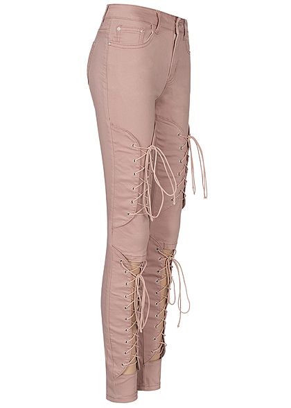 Seventyseven Lifestyle Dames Cut Out Lace Up Skinny Jeans 5-pockets roze