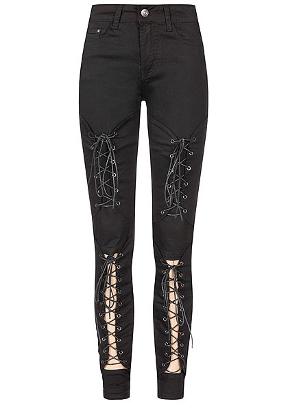 Seventyseven Lifestyle Dames Cut Out Lace Up Skinny Jeans 5-pockets zwart