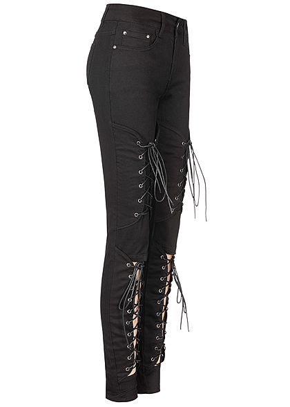 Seventyseven Lifestyle Dames Cut Out Lace Up Skinny Jeans 5-pockets zwart