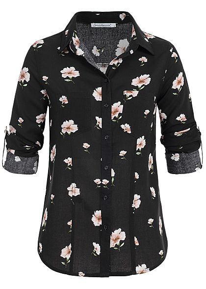 Seventyseven Lifestyle Damen Turn-Up Bluse Blumen Print 2 Brusttaschen schwarz rosa