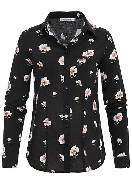 Seventyseven Lifestyle Damen Turn-Up Bluse Blumen Print 2 Brusttaschen schwarz rosa