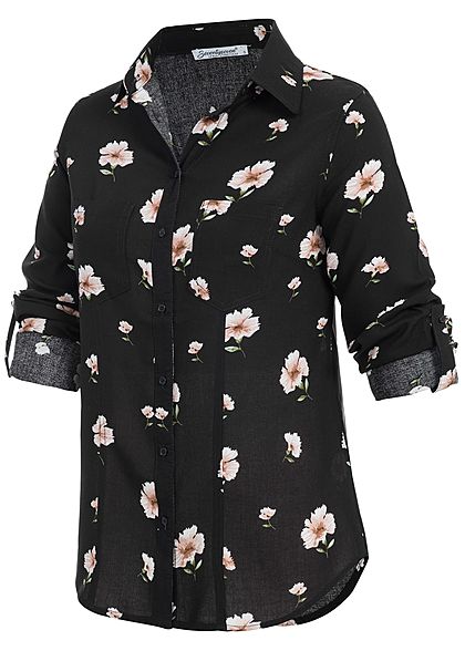 Seventyseven Lifestyle Damen Turn-Up Bluse Blumen Print 2 Brusttaschen schwarz rosa