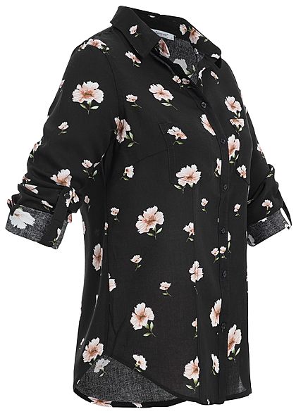 Seventyseven Lifestyle Damen Turn-Up Bluse Blumen Print 2 Brusttaschen schwarz rosa