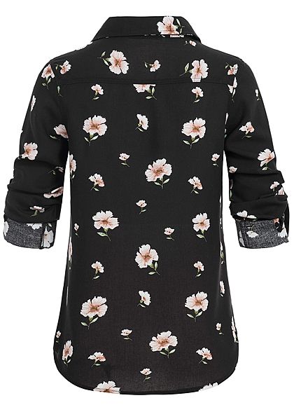 Seventyseven Lifestyle Damen Turn-Up Bluse Blumen Print 2 Brusttaschen schwarz rosa
