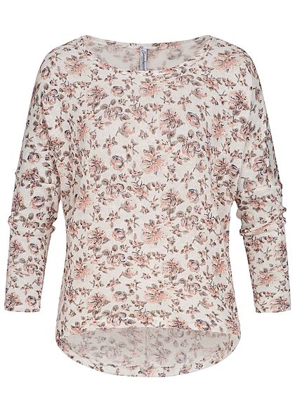 Seventyseven Lifestyle Damen Longsleeve Shirt Blumen Muster off weiss rosa braun