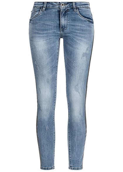 Seventyseven Lifestyle Damen Skinny Jeans Hose 5-Pocktes Kontraststreifen hell blau den