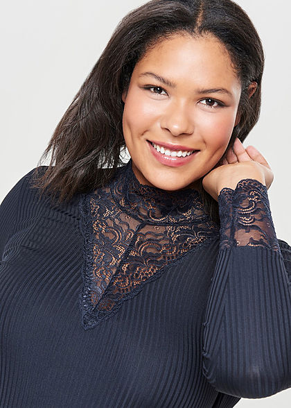 ONLY Carmakoma Damen Curvy High-Neck Lace Longsleeve night sky navy blau