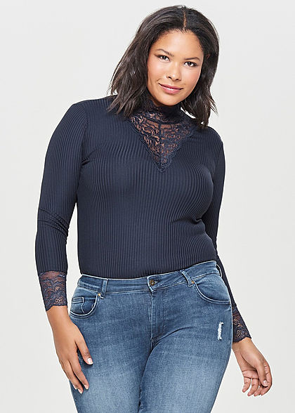 ONLY Carmakoma Damen Curvy High-Neck Lace Longsleeve night sky navy blau